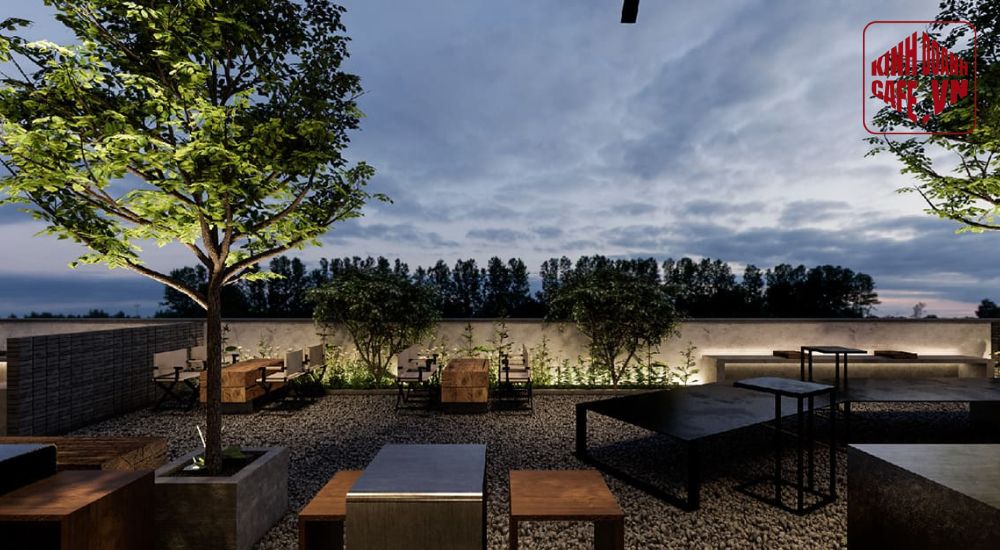 Không gian rooftop quán cafe buổi hoàng hôn