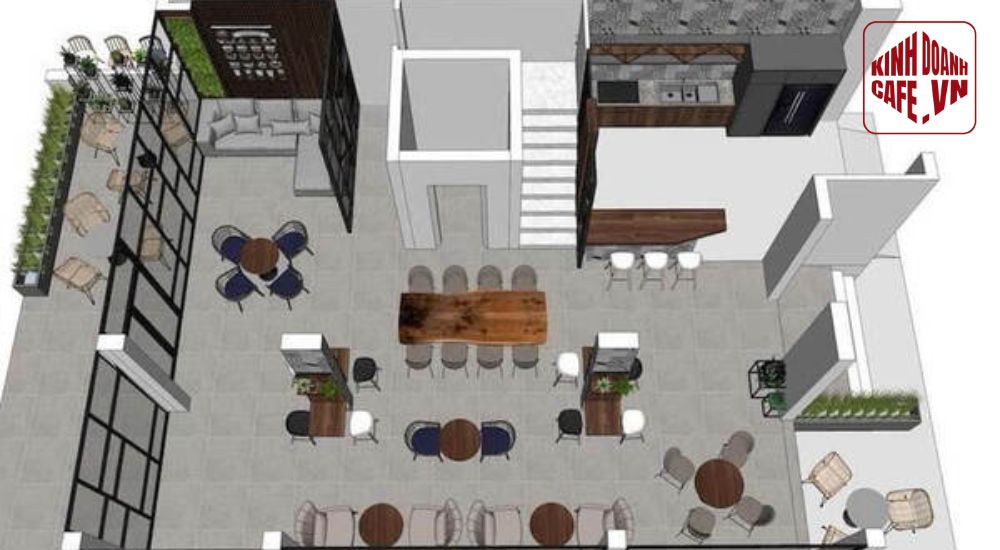 Phong cách tối giản giúp bản vẽ thiết kế quán cà phê sân vườn gọn gàng, tiết kiệm chi phí