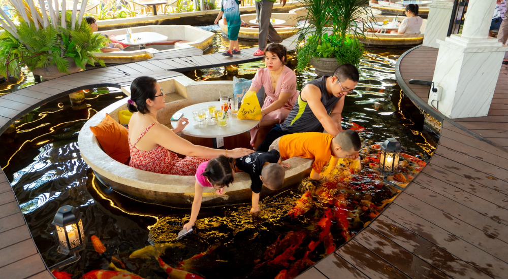 Trẻ em thích thú vui chơi ở quán cà phê cá Koi