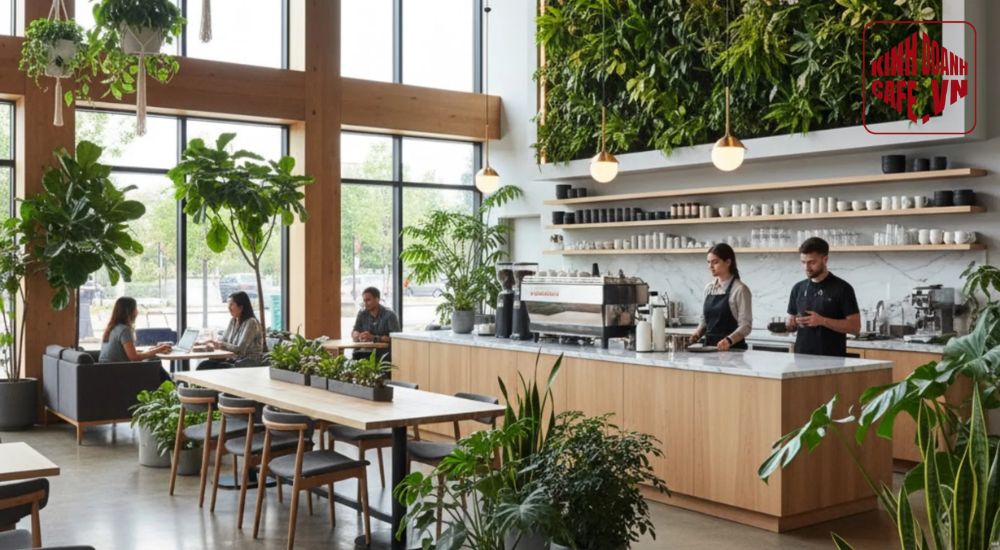 Trang trí cây xanh mang thiên nhiên gần gũi vào mô hình quán cafe nhỏ đẹp