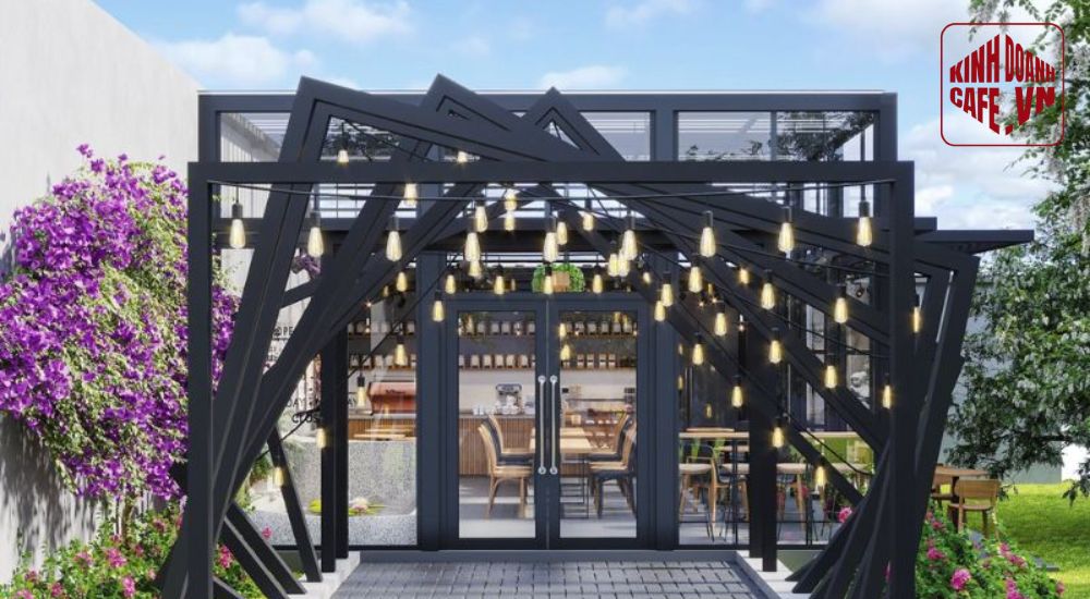 Mẫu cổng quán cafe được trang trí bằng khung thép