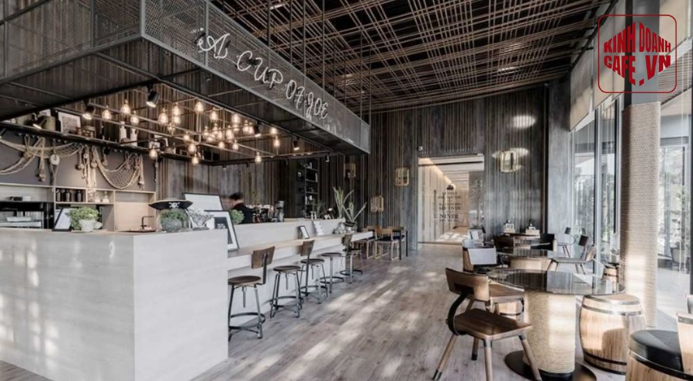 Mẫu quầy bar đẹp quán cafe hiện đại với điểm nhấn tiện nghi và tối giản