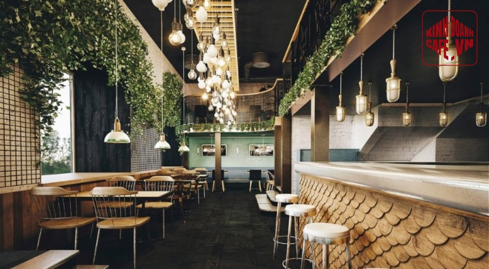 Quầy bar đẹp quán cafe kết hợp cây xanh giúp tạo không gian thư giãn