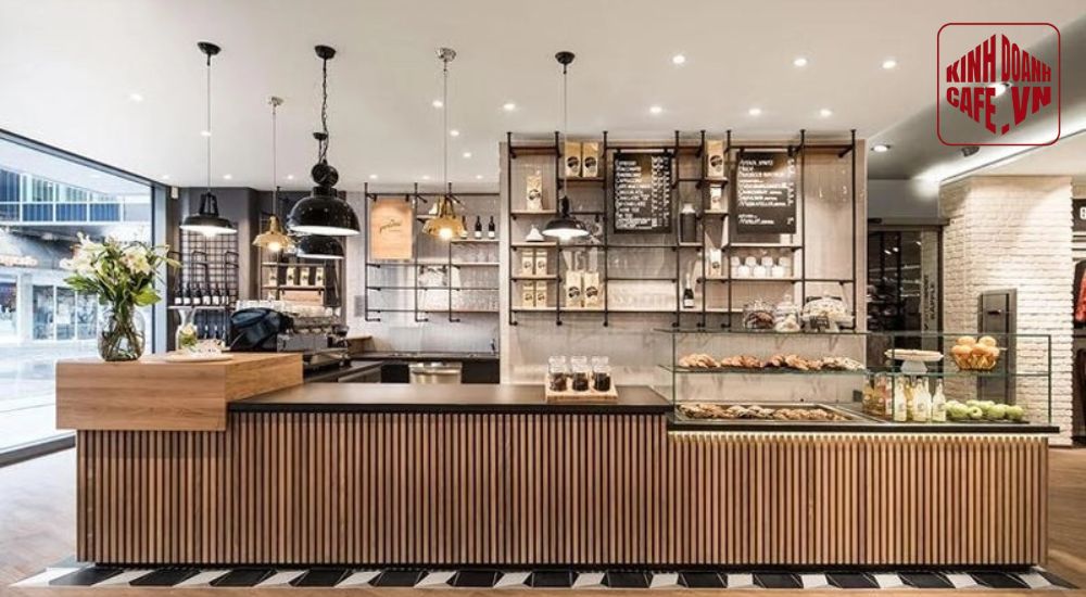 Quầy bar quán cafe kết hợp tủ trưng bày bánh giúp thu hút khách hàng hiệu quả