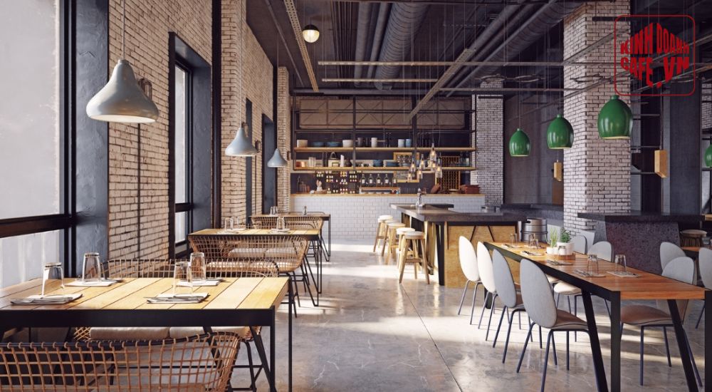 Phong cách công nghiệp thể hiện cá tính mạnh, không gian mở và ấn tượng thị giác cho quán cafe 2 mặt tiền