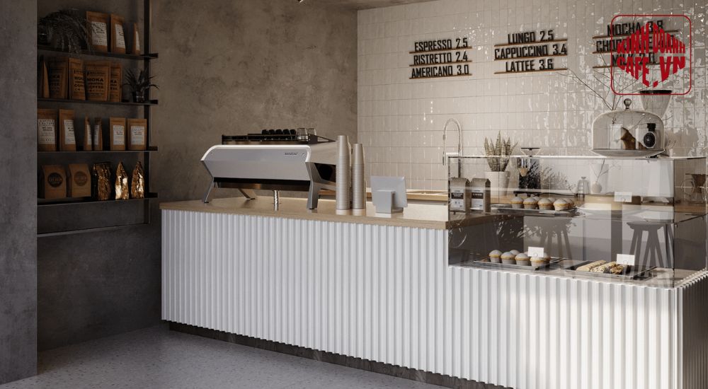 Quầy pha chế và lối đi hợp lý giúp quán vận hành trơn tru và phục vụ hiệu quả