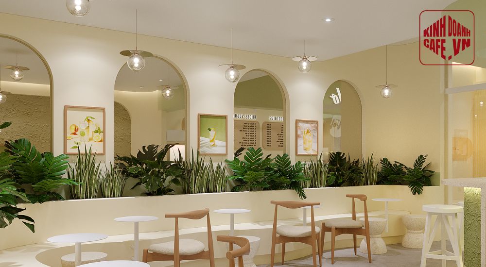 Trần quán cafe đẹp với đèn thả tạo hiệu ứng ánh sáng và chiều sâu không gian